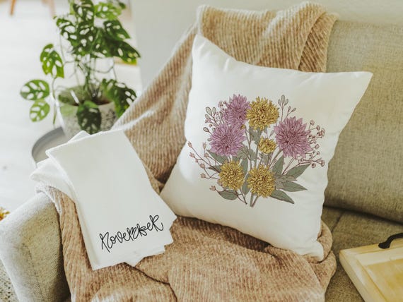 yellow mums flower throw pillow for bed, November birthday kitchen towels, November birth month flower gifts for her, purple chrysanthemum