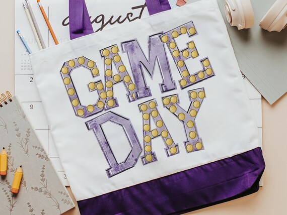 game day tote bag for women, purple school pride football mom gifts, back to school gifts for school staff, tailgate gear, sports tote bag