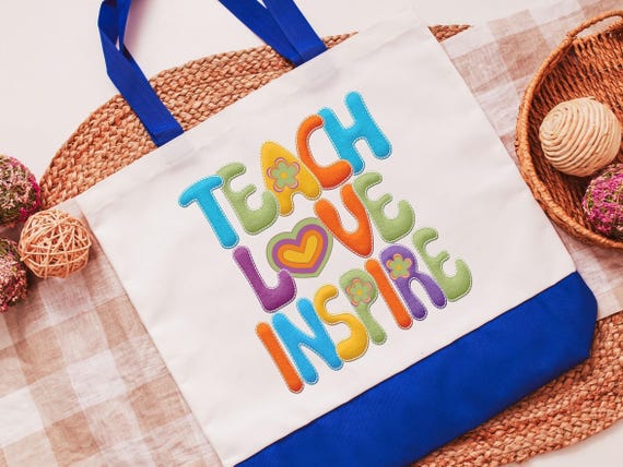teach love inspire hippie tote bag for school, cute teacher appreciation gift from class, first year teacher gifts for women, whimsical tote
