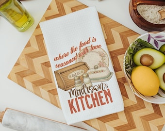 personalized seasoned with love kitchen towel for grandma, vintage inspired kitchen decor, baker gifts for her, moms kitchen hand towel for