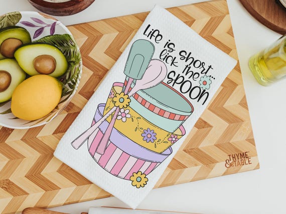 life is short lick the spoon kitchen towel for baker, cute hand towels for every season, cookie baking crew Christmas gifts for new home