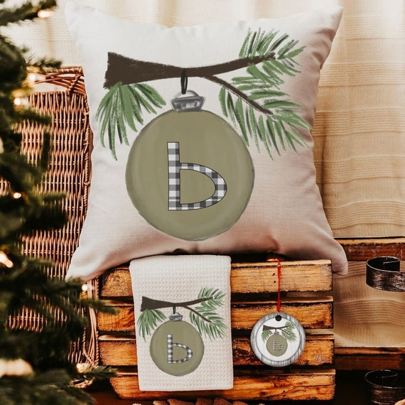 personalized Christmas gift sets for family, custom initial Christmas ornaments, cute Christmas hostess gift for women, sage green Christmas