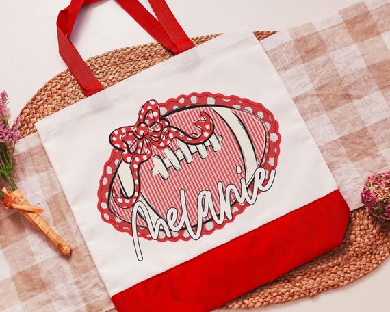 personalized powderpuff football coquette tote bag for teenage girls, football mom gifts, red school spirit accessories for teachers, cheer