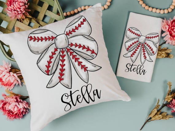 personalized girly baseball throw pillow cover 18x18, baseball coquette kitchen towels with name, cute baseball mom gifts, rally towel, best