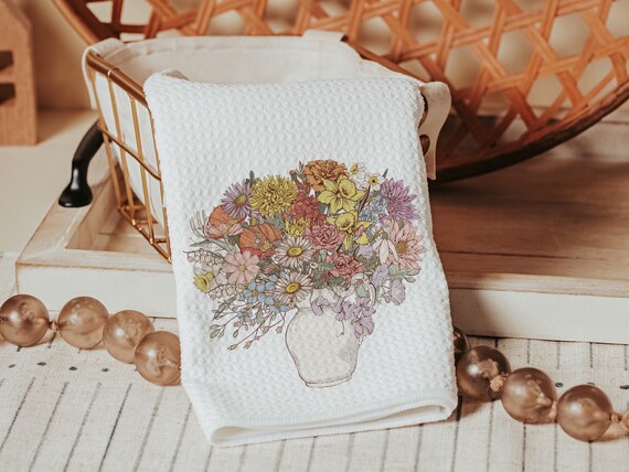 muted floral bouquet kitchen towels for friends, cottagecore kitchen decor, gardener gifts for her, powder room hand towels for bathroom