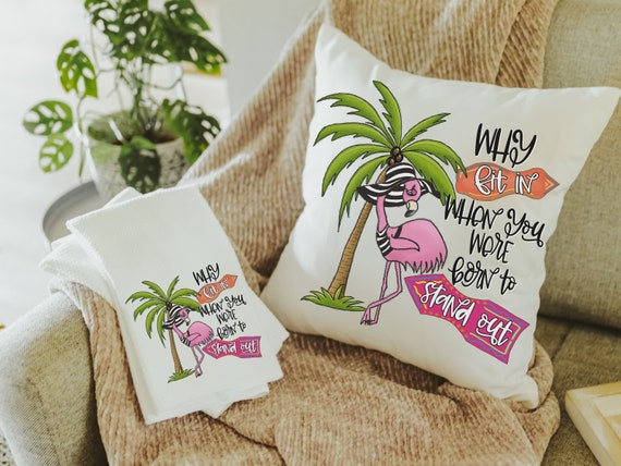 why fit in born to stand out inspirational throw pillow for couch, cute flamingo kitchen towels for gifts, flamingo gifts for her, coastal