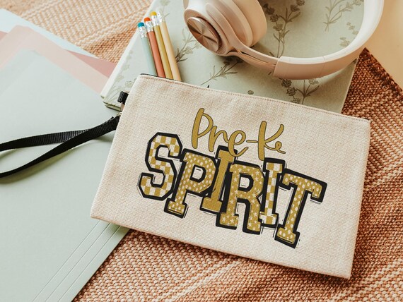 pre k spirit preschool pencil case for school, gold checkered school supplies for girls, school spirit accessories, back to school gifts