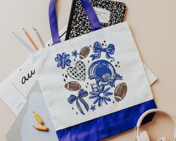 powderpuff football tote bag for school, royal blue school spirit bags, football coquette football cheer gifts for seniors, back to school