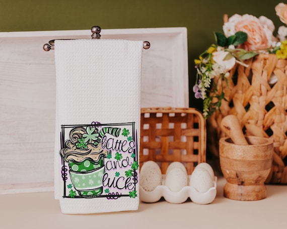 lattes and luck shamrock coffee St Patricks day kitchen towels, St Patricks day coffee bar decor, St Pattys day decor, Irish coffee hand
