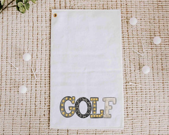 black leopard print golf towels with grommet, trendy golf gifts for her, marquee letters golf bag accessories ladies golf ball towel, golfer