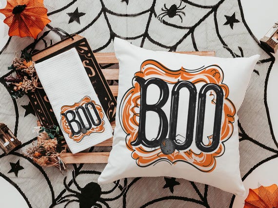boo Halloween throw pillows for chair, boo basket gifts for her, cute spider Halloween kitchen towels, spooky season gifts, fall host gift