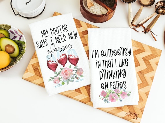 i'm outdoorsy i drink wine on the patio wine kitchen towel funny kitchen sayings dish towels, wine gifts for women, wine Christmas gifts for
