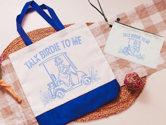Talk birdie to me columbia blue tote bag + wristlet