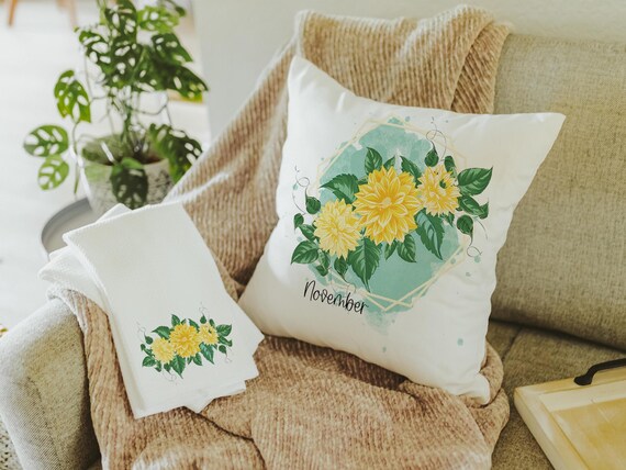 chrysanthemum flower throw pillows for bed, November birth flower gift for her, floral kitchen towels, November birthday gifts for sister