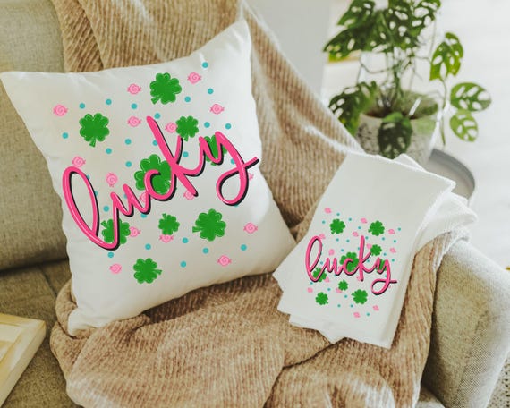 hot pink lucky vibes St Patricks day throw pillows for couch, green shamrock St Pattys day kitchen towels for gifts, Irish gifts for friends