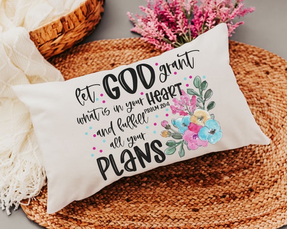 watercolor floral throw pillow for bed, Psalm 20 faith gifts for Mom, cute Christian encouragement gift for women, Bible verse lumbar pillow