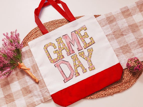 game day tote bag for daughter, red school spirit accessories for teachers, cheerleader gift from coach, college student gift, tailgate tote
