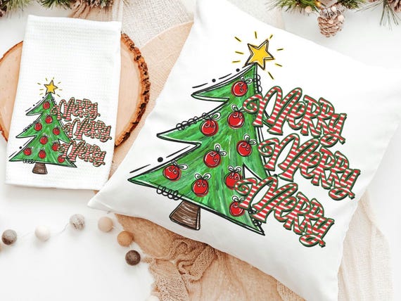 merry merry merry Christmas throw pillows for sofa, cute Christmas tree Christmas kitchen towels, fun Christmas hostess gifts for women