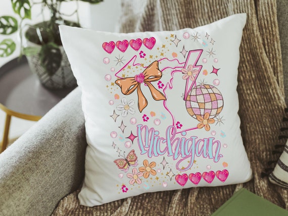 custom pink preppy pillows dorm decor for college girls preppy stuff for teens, Michigan coquette room decor, state throw pillow for bed