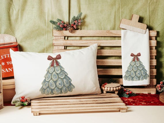 oyster shell Christmas tree throw pillows for couch, coastal Christmas kitchen towels for winter, oyster Christmas gifts for neighbors, best