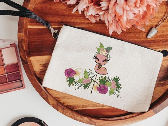 cute flamingo makeup bag for purse, flamingo gifts for women, monstera leaf cosmetic bag for girls, tropical bridesmaid gift, Easter basket