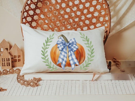 rustic pumpkin lumbar pillow for bed, Thanksgiving hostess gifts for women, farmhouse pumpkin decor for home, October birthday gifts for her