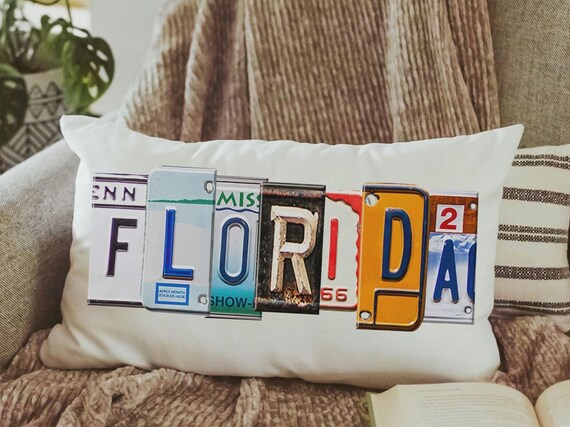 custom license plate state throw pillows for couch, realtor closing gift for buyers, Florida gifts, bungalow decor, moving away gift for
