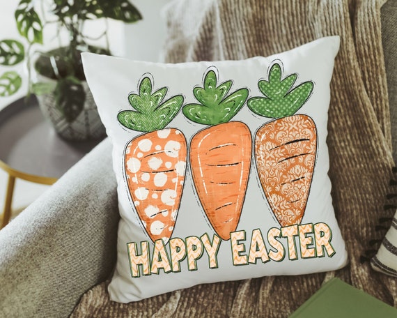 Happy Easter throw pillows for couch farmhouse Easter decor, cute carrot pillow covers 18 x 18, Easter gifts for adults, Easter hostess gift