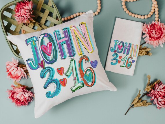 for God so loved the world colorful scripture throw pillows best sellers, John 3:16 Bible verse kitchen towel, Christian Christmas gifts for