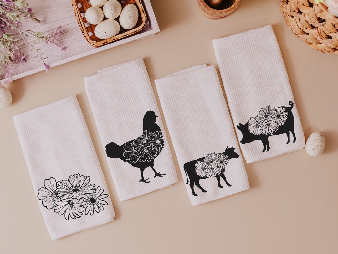 Farm Animal Kitchen Towel, Floral Farmhouse Kitchen Decor, Pig Dish