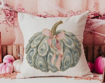 oyster shell pumpkin throw pillows for living room, Thanksgiving hosting gift, fall coastal cottage patio pillow cover 18 x 18, Cape Cod