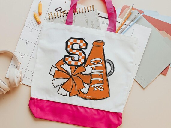 personalized orange checkered initial tote bag for college students, cheerleader tote bag for girls, cheer gifts for team, back to school