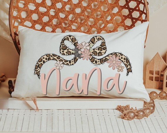personalized blush pink nana throw pillow for bed, leopard print bow coquette pillow cover 12 by 20, mother in law mothers day gifts