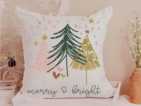 merry and bright holiday throw pillows for couch, blush pink Christmas tree decorative pillows for sofa, trending Christmas gifts for new