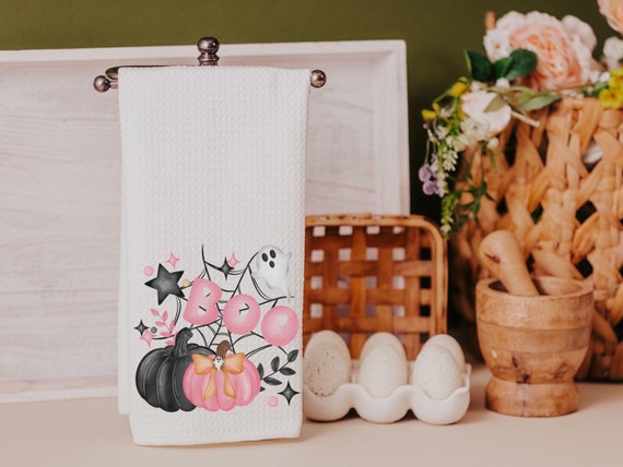 coquette Halloween kitchen towel, boo basket stuffers for adults, whimsical Halloween kitchen decor, pink pumpkin hand towels for bathroom
