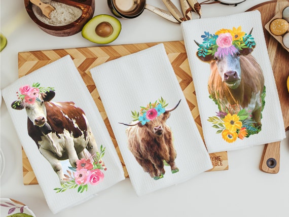 floral cow kitchen towel & highland cow throw pillow for sofa new home gift set for her, boho cow decor, cow gifts for cow lovers, cute cow