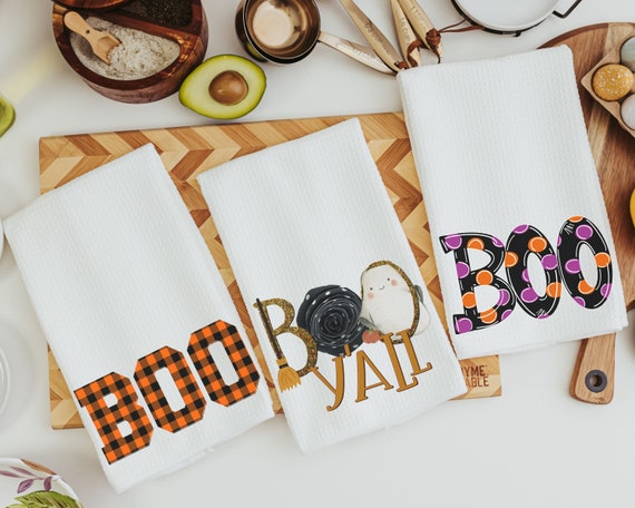 boo yall Halloween kitchen towels, October birthday gifts for her, orange buffalo plaid kitchen hand towels, fall decorations for home, best