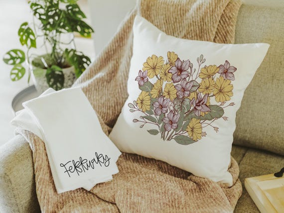 purple violet throw pillow for couch floral decorative pillows for sofa, February birthday kitchen towels, February birth flower gifts for