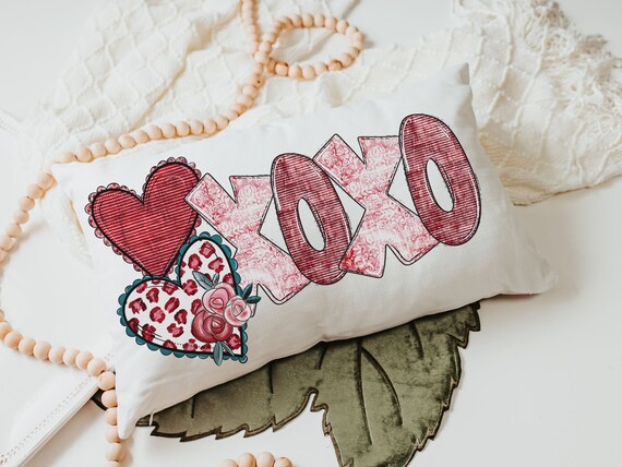 XOXO throw pillow for sofa, red heart pillow cover 12 x 20, cute Valentines gift for girlfriend, Galentines day gift for best friend, lumbar
