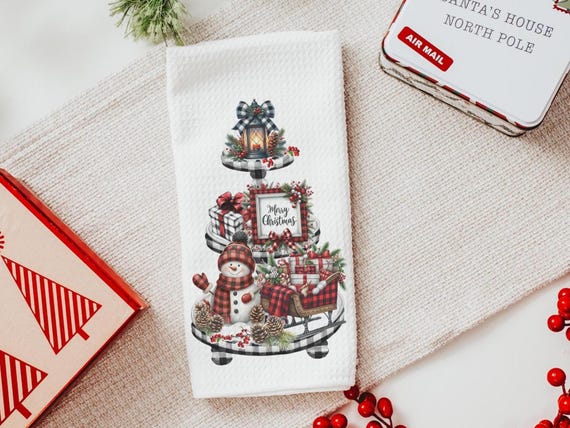 snowman Christmas kitchen towel for women, buffalo plaid Christmas kitchen decor, rustic Christmas gift for her, buffalo check Christmas