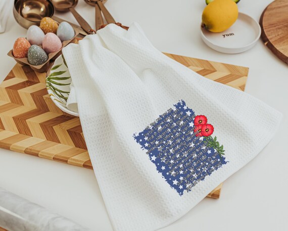 star spangled banner print patriotic kitchen towel for summer, 4th of July hand towels for women, Americana kitchen decor, red poppy floral