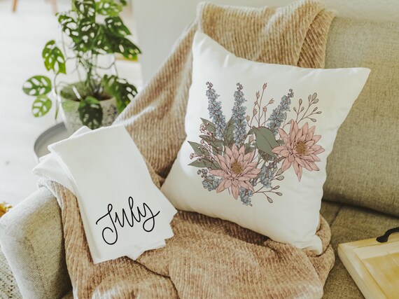 Water Lily Larkspur July Birth Month Throw Pillow & Towel