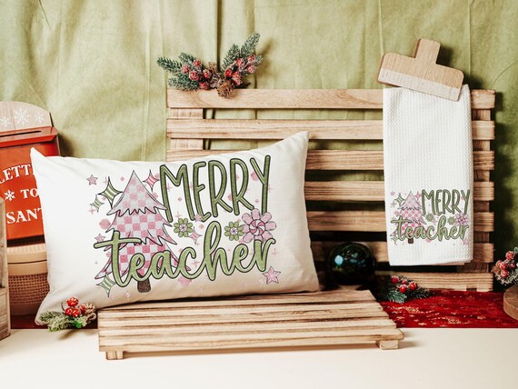 merry teacher mauve Christmas lumbar pillows for chair, moss green Christmas decor for indoors, cute Christmas gifts for teachers, stocking