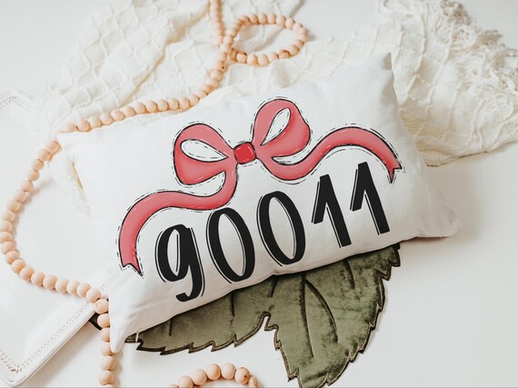 personalized cherry red school spirit coquette throw pillow for dorm, college gifts for girls, custom zip code pillow, college apartment