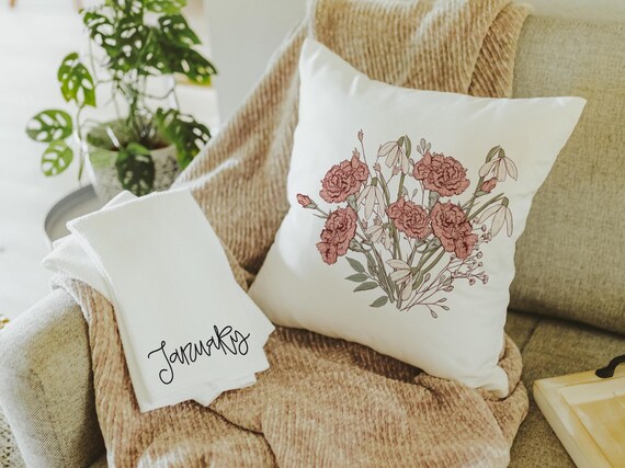 Carnation flower throw pillow & January towels