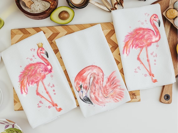 watercolor flamingo kitchen towels for bridal shower, beach lover gifts for her, pink flamingo hand towels, coastal decor beach house gifts