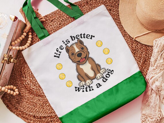 life is better with dogs pitbull tote bag for women, pittie mom pit bull gifts, reusable shopping bag, amstaff dog lover gift for her, cute