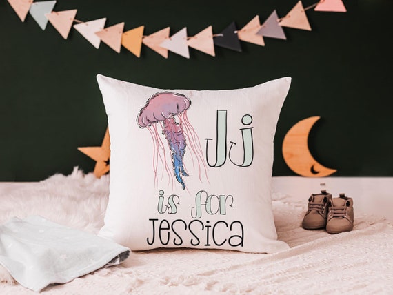 personalized j is for jellyfish nursery throw pillow with name, ocean nursery theme nautical nursery decor, beach birthday gifts for baby