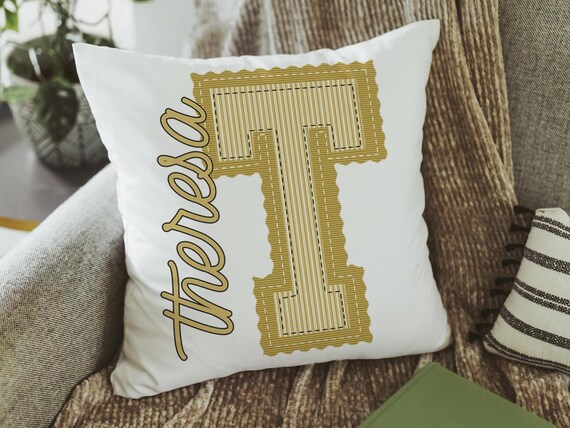 personalized gold seersucker pillow with name, preppy Christmas gifts for tween girls, teenage girl gifts, initial throw pillow for girls