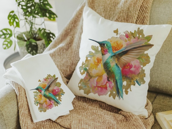 watercolor hummingbird pillow for dorm room, cottage rose kitchen towels for friends, college apartment gifts for women, hummingbird gifts